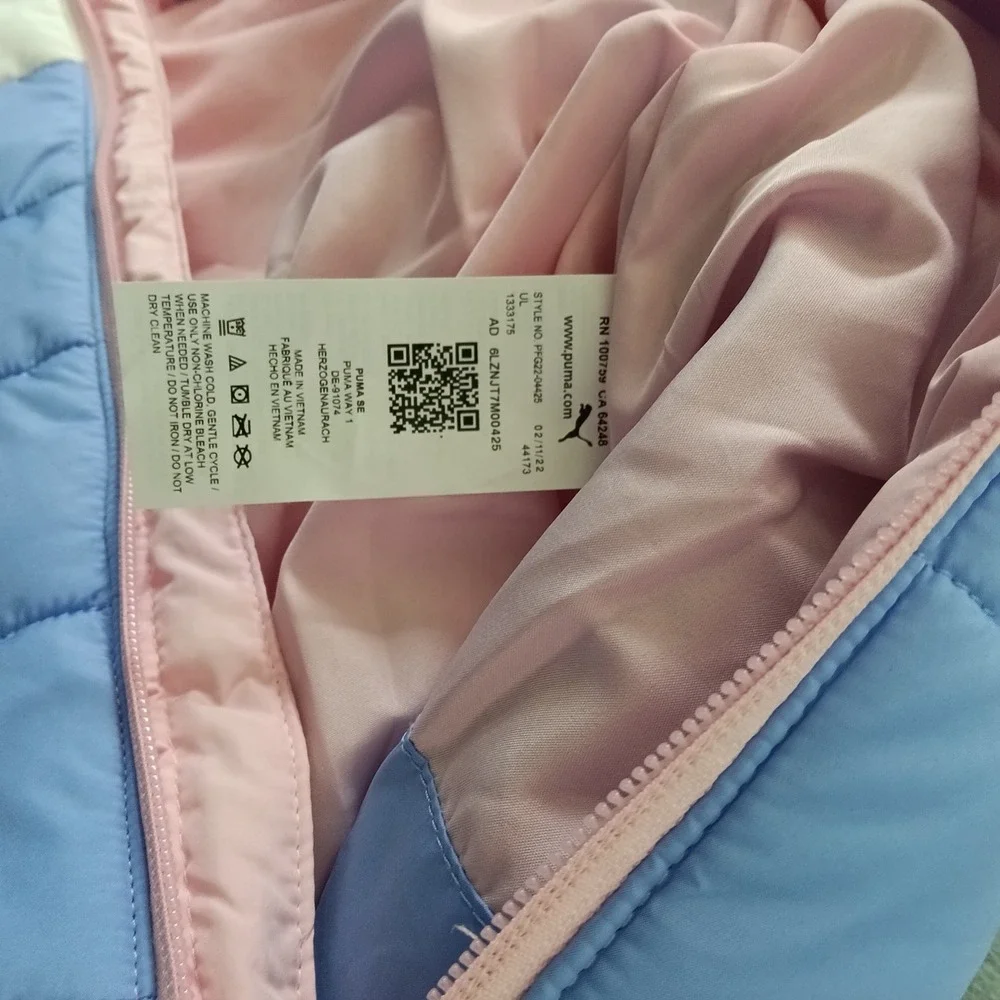 Puma Girls Puffer Vest Pink White Blue Colorblock Zip Up Size Small 7/8